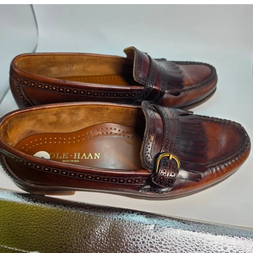 Cole Haan Mens Burgundy Leather Kiltie Monk Strap Wingtip Loafers Made in USA 8